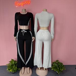 Rahat sportif tarzı kontrast şerit tasarım 2 parça Set kadın o-boyun tam kollu mahsul Tops + İpli uzun pantolon takım elbise - Product Image 2