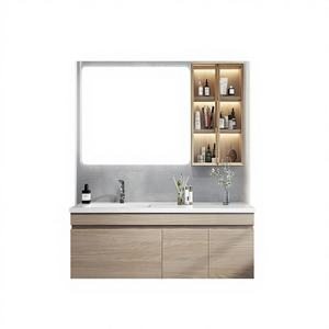 ตู้ห้องน้ำไม้เนื้อแข็งสุดหรูทันสมัย พร้อมอ่างล้างหน้าเคลือบเงาในตัวและกระจก - Product Image 1