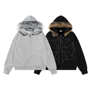 Sudadera con capucha Y2K de invierno para hombre, estilo vintage, informal, holgada, brillante, con pedrería, cremallera, forro polar y ribete de piel. - Product Image 1