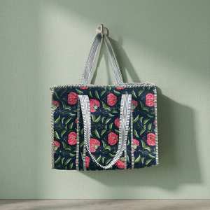 Floral Print Embroidered Quilted Cotton <b>Tote</b> <b>Bag</b> With Padded Design Zipper Closure <b>Large</b> Capacity <b>Travel</b> Shoulder <b>Bag</b> - Product Image 1
