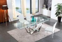 Table à manger extensible en verre transparent durable, style contemporain avec base en acier inoxydable pour salon