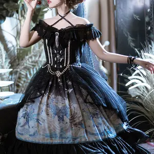 Váy Dạ Hội Ren Cổ Điển Dài Đầy Đủ Cho Nữ Ngắn Tay Màu Đen Ba Con Rối Đầm Lolita Gothic