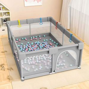 Modern Baby Playpen Eco-Friendly Stainless Steel <b>Frame</b> Indoor/Outdoor Use Soft Breathable Mesh No Gaps Design <b>Grey</b> - Product Image 3