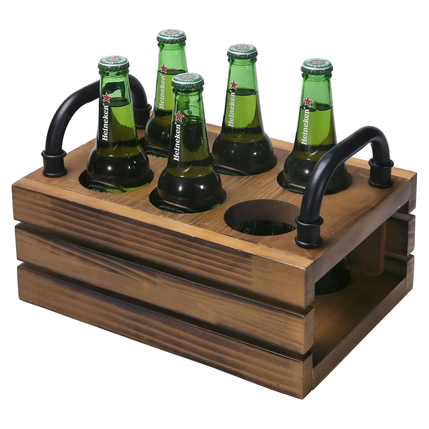 6 Sot Rustic Wood Beer Bottle Crate Wooden Beverage Carrier Server Caddy with Black Metal Handles