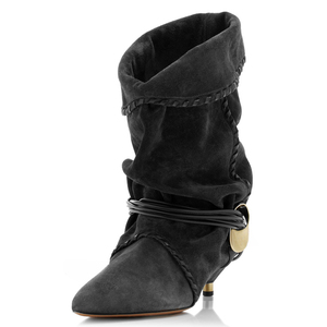 Flock Piled Pleated Ankle <b>Boots</b> Low Spike Heels Dress Stiletto Women Sewing Thread Shoes Retro Styles Pointy Toe Short Booties - Product Image 4