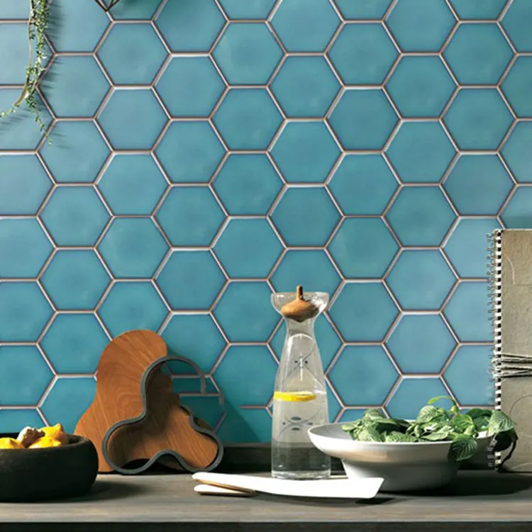 Mosaico de cerâmica hexágono grande, venda por atacado, mosaico cerâmico azul-verde, preto e branco, paredes, chão, azulejos, mosaico da cozinha
