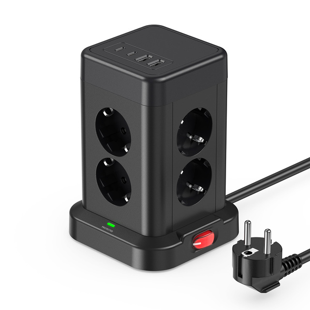 Surge Protector EU Power Strip Tower With 4 USB 12 AC Multiple Outlets and Overload Protection for Home