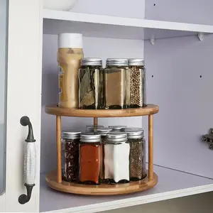 Lazy Susan Đơn Và 2 Tầng 360 Độ Xoay Bàn Xoay Tủ Sắp Xếp Giá Đỡ Nhà Bếp Tre Spice Jar Rack