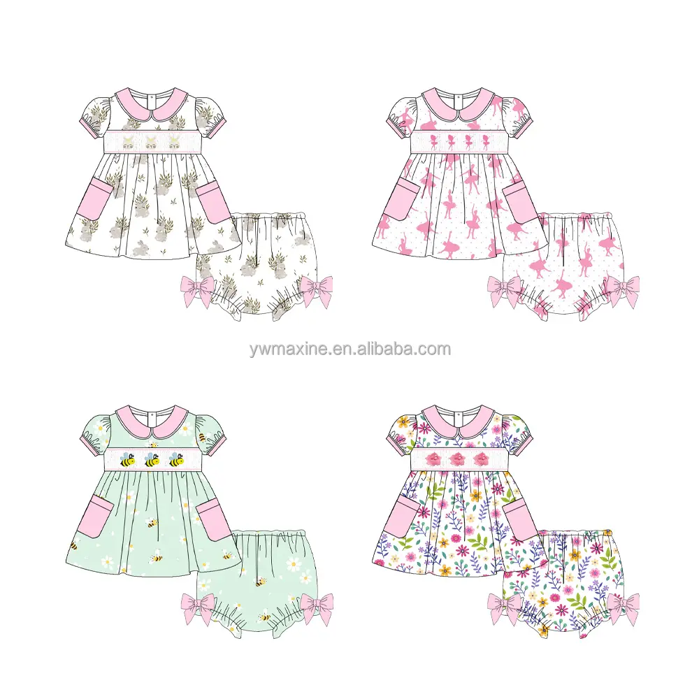 2023 New Arrival Kids Clothing Smocked Dress Boutique Baby Girl Pajamas Embroidery Children Clothing Sets