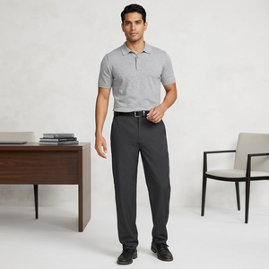 Men's Straight Fit Oxford Trousers Midweight Anti-Wrinkle <b>Black</b> Belted Smart Casual <b>Pants</b> Spring Season Custom requirements - Product Image 1