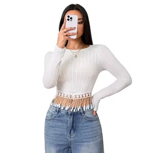T-shirt slim fit da donna <span class=keywords><strong>con</strong></span> design a <span class=keywords><strong>frange</strong></span> in bianco per abbigliamento casual primavera estate, vendita all'ingrosso private label - Product Image 5