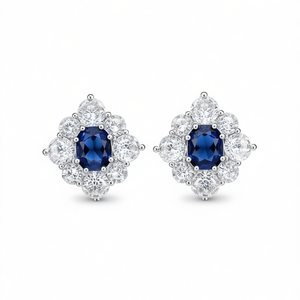 Pendientes Clásicos de Zafiro Azul, Corte Brillante Redondo, Forma de Flor, Engaste de Garra, Joyería Fina para Mujer, para Boda - Product Image 1