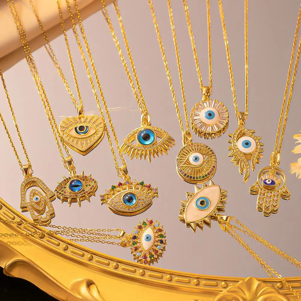 Kalung bandul liontin mata wanita, perhiasan mata berlapis emas baja tahan karat rantai Turki