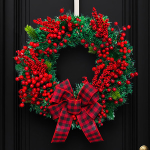 LINGKAI Ghirlanda Natalizia Artificiale Ecologica da 40cm con Bacche Rosse e Fiocco a Quadri <span class=keywords><strong>per</strong></span> Porta d'Ingresso, Decorazione Moderna <span class=keywords><strong>per</strong></span> Parete Festiva - Product Image 2