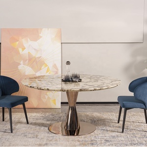 Bàn ăn cơ sở nhà sản xuất đá cẩm thạch đá hàng đầu phòng ăn bảng Nâu thép không gỉ kim loại cơ sở Vòng Vàng cơ sở bệ - Product Image 4