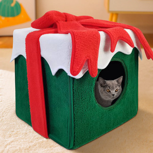 Caja de regalo navideña, cama para gatos cuadrada, de fibra de poliéster suave, lavable a mano, casa para mascotas, para el calor del invierno. - Product Image 2