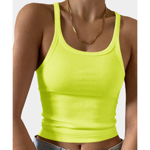 Camiseta interior de alta calidad para <span class=keywords><strong>mujer</strong></span>, ropa deportiva sin mangas, lisa, acanalada, con Logo personalizado, para gimnasio, de verano - Product Image 3