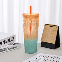 Vaso Térmico Reutilizable de 710ml con Diseño de Olas Oceánicas y Cactus, Tapa con Brillo, Aislamiento Térmico, Libre de BPA, Estético