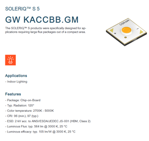 OSRAM SOLERIQ S 5 GW 2. 1 CRI96 Alta potencia 5,3 W 2700K-5000K COB Led Chip Blanco - Product Image 2