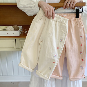 Tongxingyuan Girls Harem Pants Cotton Cartoon Print Autumn Casual Long Pants For Children Pink Off White - Product Image 3