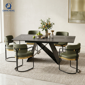Set Tavolo da Pranzo e Sedie in Stile <span class=keywords><strong>Italiano</strong></span> con Piano in Pietra, Gambe in Metallo Verniciato Nero di Lusso Importato - Product Image 1