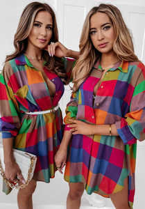 Neue Herbst Winter Turn Down Kragen Kleider Lady Elegant <span class=keywords><strong>Long</strong></span> Plaid Print Lose Langarm Bluse Damen Freizeit kleider - Product Image 4
