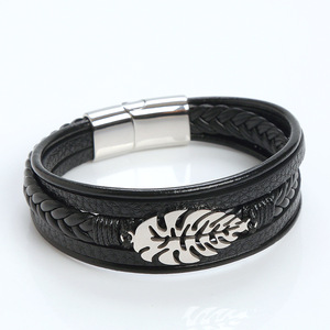 Bracelet en cuir multicouche en acier inoxydable avec fermoir feuille d'<span class=keywords><strong>arbre</strong></span> <span class=keywords><strong>de</strong></span> <span class=keywords><strong>vie</strong></span> pour homme SCB021 - Product Image 1