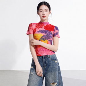 Women's Short Sleeve Loose Casual Fit Knitted Chiffon Pleated T-shirt Turtleneck Floral Print Eco-Friendly Vintage Breathable - Product Image 1