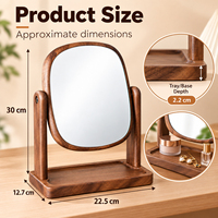 Miroir de vanité en noyer noir avec cadre en bois cintré, support à deux pieds et base de rangement pour la maison, la chambre, la coiffeuse, le maquillage et les soins de la peau