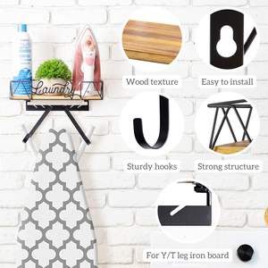 Cintre mural en métal pour planche à repasser avec base en bois crochets pour panier de rangement support mural pour fer et planche à repasser - Product Image 5