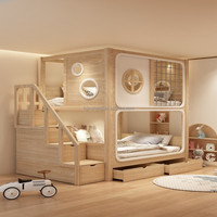 Lit superposé en bois massif JS FURNITURE pour enfants avec escalier coulissant, design moderne, confortable pour l'école et l'appartement
