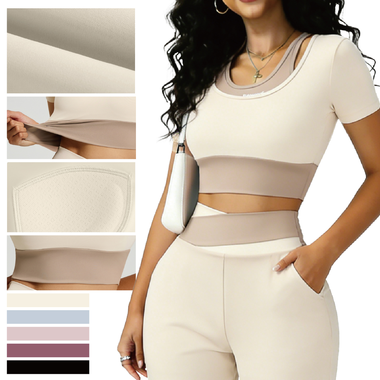 Breathable Lightweight Crew Neck Skinny Fit Heat-Transfer Printed Yoga Short Sleeve Top Four-Way Stretch Color Blocking 220g