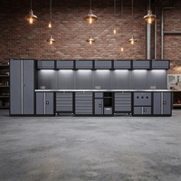 Ensemble de 8 meubles de rangement professionnels pour atelier et garage, comprenant 7 armoires supérieures, des caissons mobiles, une établi, un panneau perforé et un éclairage LED, robuste, OEM