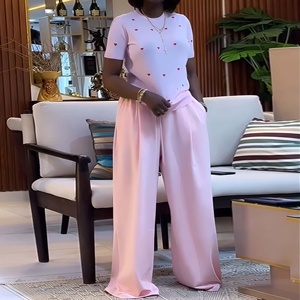 Nouveauté : Ensemble Femme Estival Chic et Tendance – <span class=keywords><strong>Haut</strong></span> à Manches Courtes Col Rond Motif Cœur avec Pantalon Large - Product Image 2