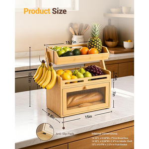 Panier à fruits double couche en bambou avec crochets, boîte de rangement pour pain, organisateur de comptoir de cuisine, compartiment couvert - Product Image 2