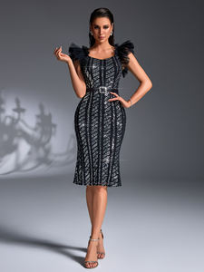 黑色女式甜心领短袖窄腰亮片拼接Midi优雅亮片美人鱼舞会鸡尾酒裙 - Product Image 3