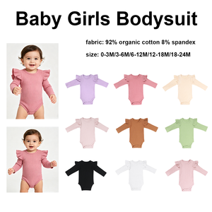 Romper Bayi Perempuan Warna Solid Berkualitas Tinggi dari Katun Organik, Lengan Panjang, Berbahan Rib Elastis dengan Ruffle, Baju Terusan Bayi Baru Lahir - Product Image 5