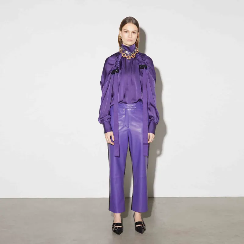 On Sale 100% silk Purple long sleeve top high neck fashionable shirt women