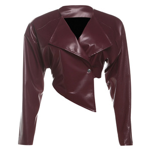 2025 à la mode livraison directe Usa taille en <span class=keywords><strong>cuir</strong></span> Pu femmes manteaux haut court Cool fille vestes élégant décontracté en <span class=keywords><strong>cuir</strong></span> PU vin <span class=keywords><strong>rouge</strong></span> revers - Product Image 5