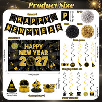 Kit de Décoration de Fête du Nouvel An Transfrontalier, Bannière Noire et Dorée du Réveillon du Nouvel An 2027, Toile de Fond, Décorations Spirales, Table