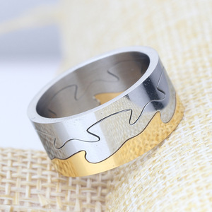 Stylish Two-Tone 9mm Stainless Steel <b>Ring</b> Black Gold Silver Wedding Band Geometric Design Fashion Jewelry - Product Image 2