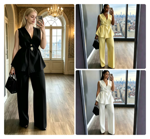 Ensemble tailleur pantalon et blazer sans manches couleur unie pour femme, style africain, idéal pour le bureau - Vente en gros - Product Image 1