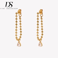 Pendientes de Cadena de Doble Capa con Cuentas de Zirconia en Forma de Lágrima, Chapados en Oro, de Acero Inoxidable, Joyería de Moda al por Mayor Dreamshow