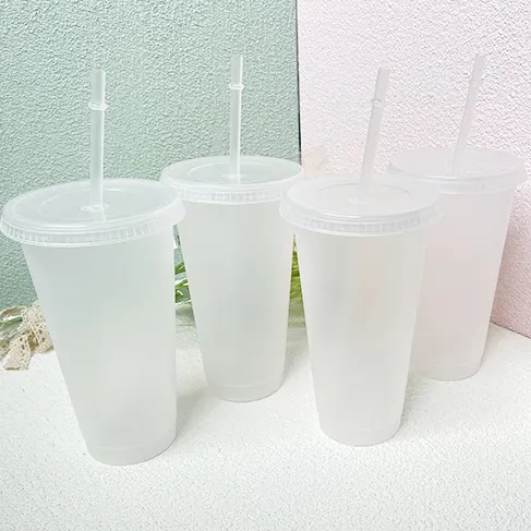 500Ml 700Ml Kecil Portabel Bening Transparan Menyesuaikan Gelas Plastik Bebas Bpa dengan Sedotan dan Tutup