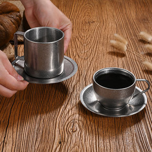 Retro 304 Stainless Steel Coffee <b>Mug</b> 200ml Double Wall With Saucer <b>Set</b> For Tea And Coffee - Product Image 2