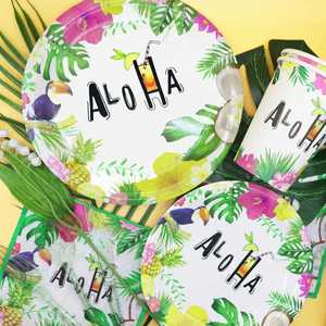 Assiettes en papier hawaïennes Aloha modernes OEM, directement de l'usine, jetables, pour décorations de fête d'anniversaire Luau - 9 décorations de fête hawaïennes - Product Image 1