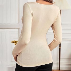 Haut de maternité uni à encolure cœur et manches longues, extensible, en Spandex/Coton, adapté à l'allaitement - Product Image 5
