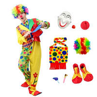 Ensemble de costume de clown unisexe multi-styles avec perruque, nez, masque, chaussures, sifflet – Tenue amusante pour Carnaval, Halloween, fête de cirque, cosplay