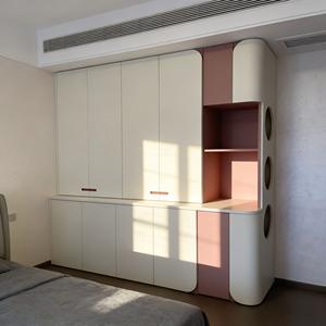 Meuble de rangement pour chambre à coucher, blanc crème, rose Morandi, coins arrondis, poignées invisibles, découpes circulaires, parent-enfant - Product Image 4