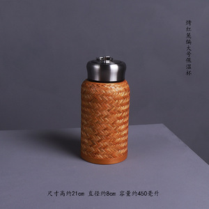 Bamboo Woven Stainless <b>Steel</b> Water <b>Bottle</b> Insulated Travel Flask With Lid 12-24 Hours Thermal Retention Round Shape For Outdoor - Product Image 4